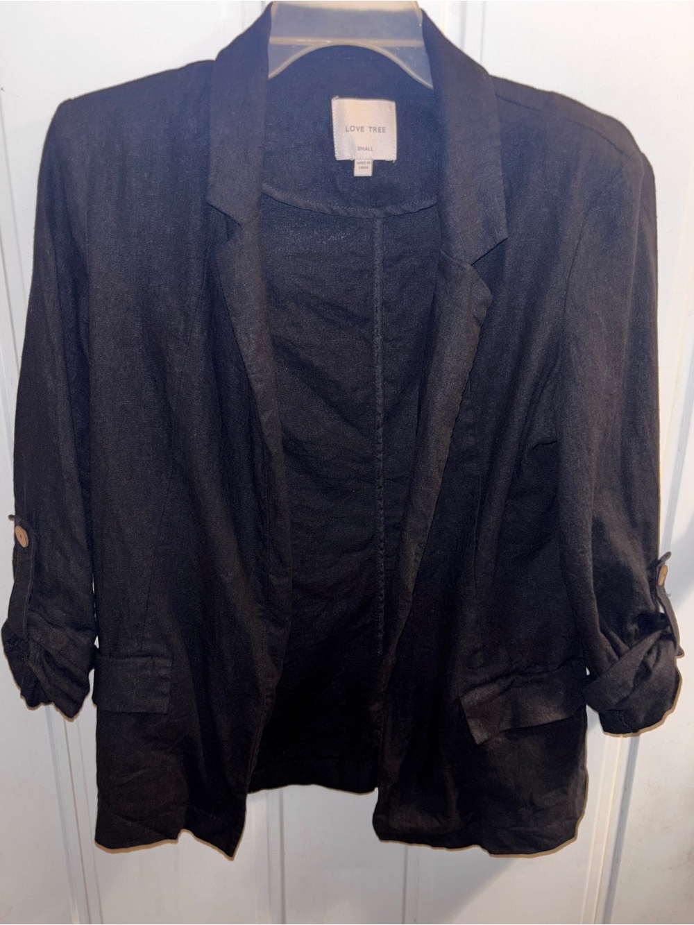 Love Tree Small Black Relaxed-Fit Roll-Tab Blazer (Viscose&Linen)